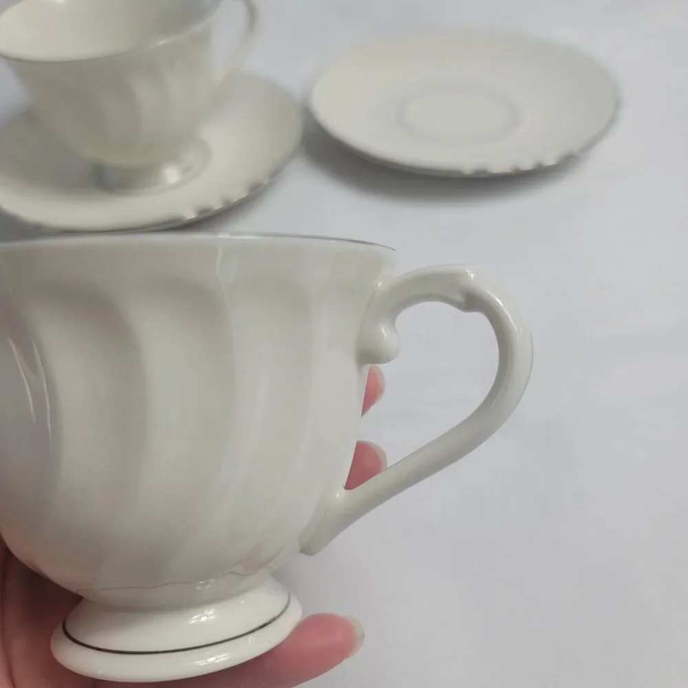 TWO Syracuse China Wedding Ring Cup & Saucer Sets White with Platinum Trim